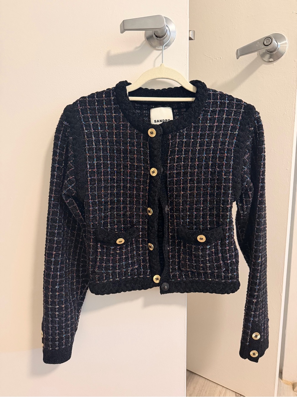 NWT Sandro Black Tweed Cropped Button Jacket with Subtle Color Check - Picture 1 of 4